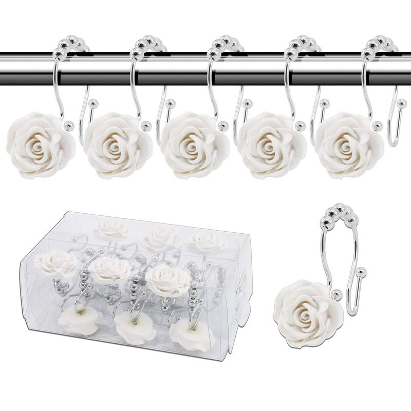 BEAVO Rose Shower Curtain Hooks,12 Pcs Double Glide Shower Curtain Rings Stainless Steel Rustproof Decorative Shower Hook Ring with Resin Rose Flower for Bathroom Shower Rods (White) - Image 1